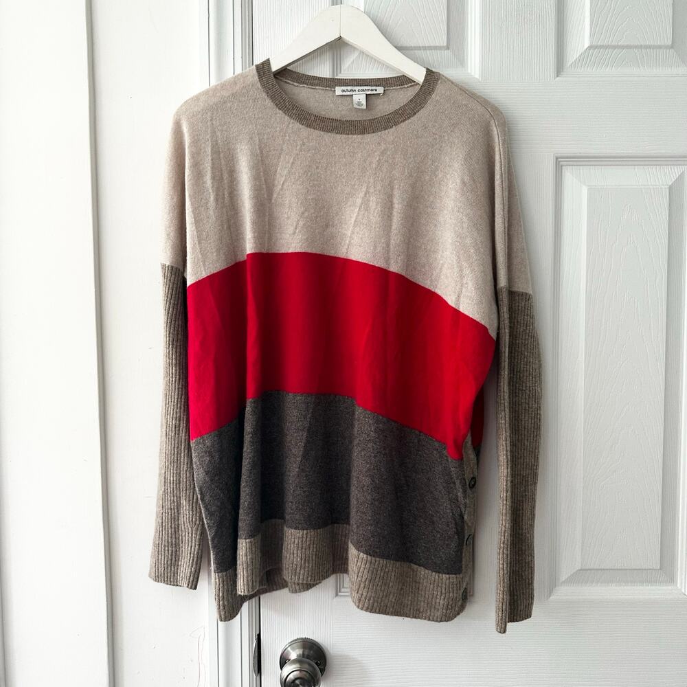 Autumn Cashmere Beige Red Brown Colorblock Side Button Loose Sweater Knit Small